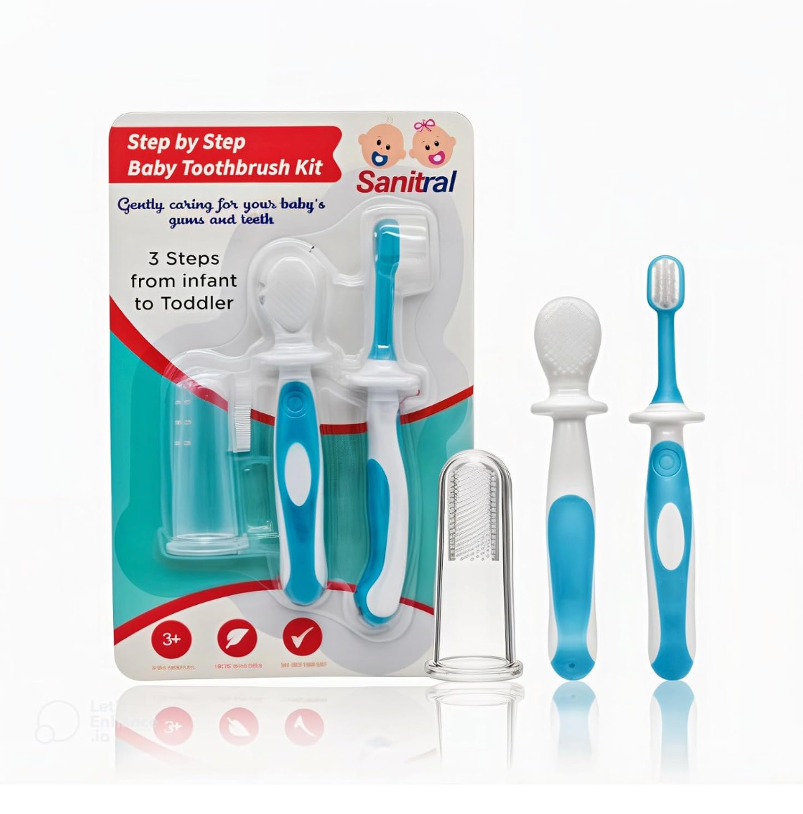 Sanitral Baby's First Toothbrush Kit - Step by Step 0-2 Years - Safety-Tested & BPA-Free 3-Pack (Finger, Silicone, Toddler Toothbrushes) - Blue