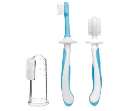 Sanitral Baby's First Toothbrush Kit - Step by Step 0-2 Years - Safety-Tested & BPA-Free 3-Pack (Finger, Silicone, Toddler Toothbrushes) - Blue