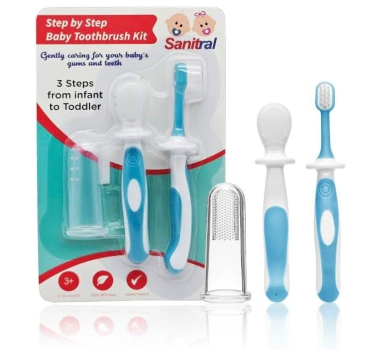Sanitral Baby's First Toothbrush Kit - Step by Step 0-2 Years - Safety-Tested & BPA-Free 3-Pack (Finger, Silicone, Toddler Toothbrushes) - Blue