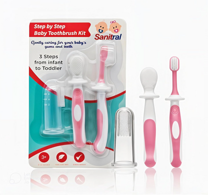 Sanitral Baby's First Toothbrush Kit - 0-2 Years - 3-Pack (Finger, Silicone, Toddler) - Pink, Safety-Tested & BPA-Free