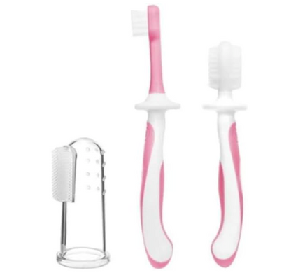 Sanitral Baby's First Toothbrush Kit - 0-2 Years - 3-Pack (Finger, Silicone, Toddler) - Pink, Safety-Tested & BPA-Free