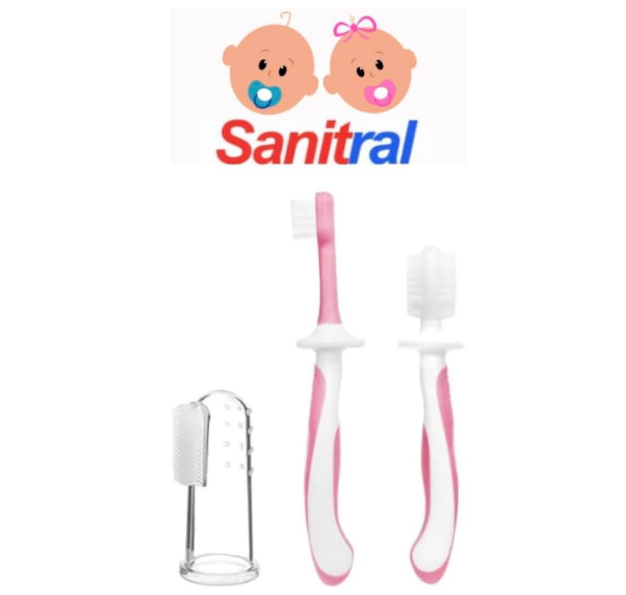 Sanitral Baby's First Toothbrush Kit - 0-2 Years - 3-Pack (Finger, Silicone, Toddler) - Pink, Safety-Tested & BPA-Free