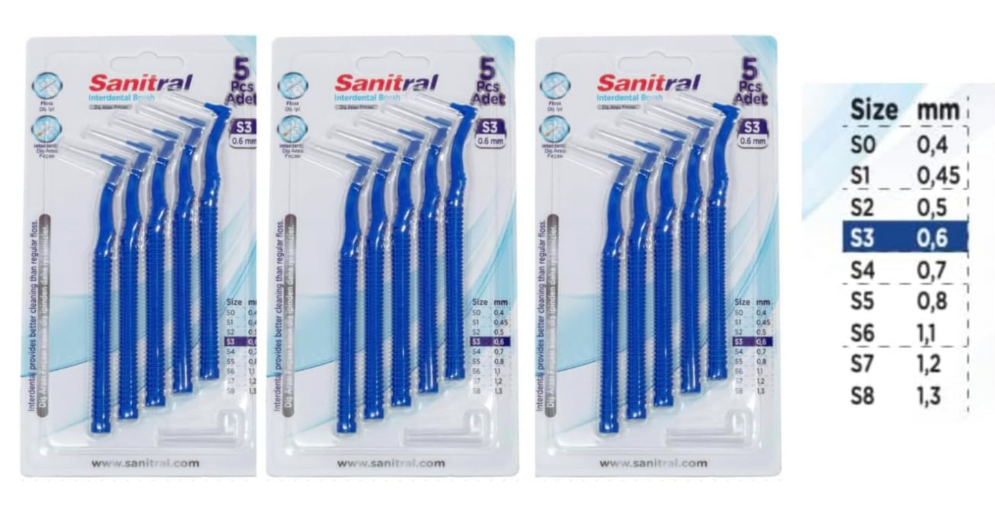 Sanitral Angle Interdental Brushes (0.6 mm - Size 3), Angled Toothbrush for Cleaning Teeth - Excellent Access Between Teeth - Blue (3 x 5 Pieces) 15 Pieces