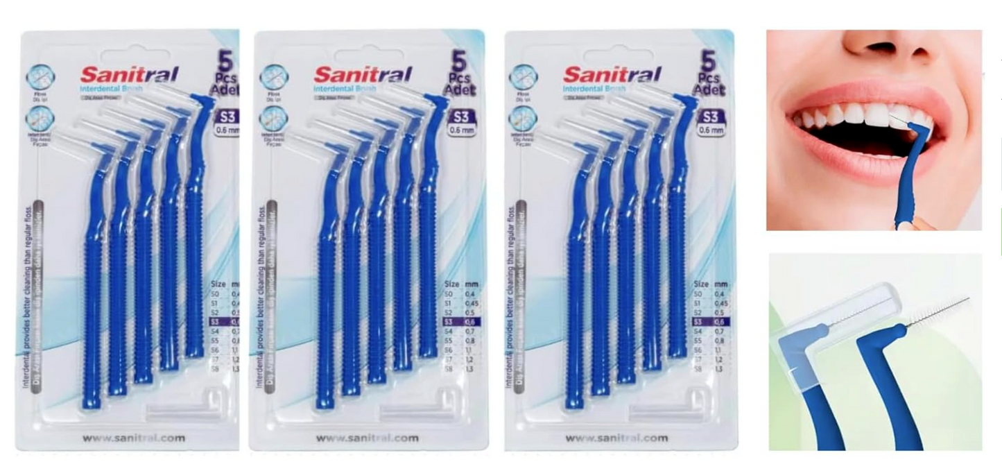 Sanitral Angle Interdental Brushes (0.6 mm - Size 3), Angled Toothbrush for Cleaning Teeth - Excellent Access Between Teeth - Blue (3 x 5 Pieces) 15 Pieces