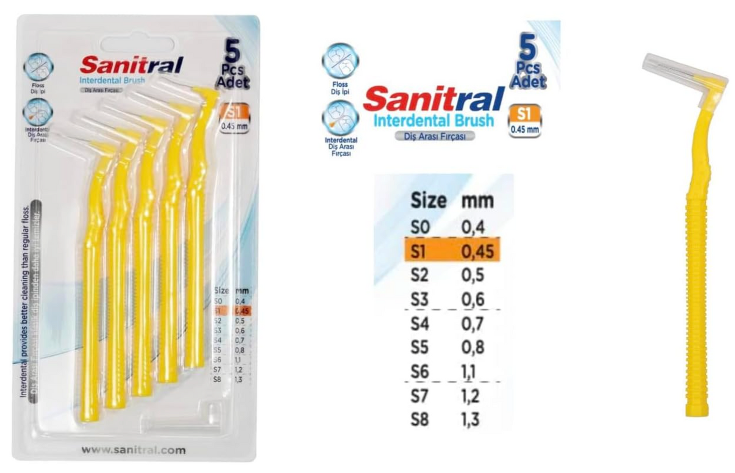 Sanitral ‘Angle’ Yellow Interdental Brush +0.45mm
