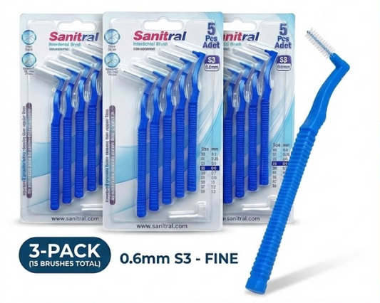Sanitral Angle Interdental Brushes (0.6 mm - Size 3), Angled Toothbrush for Cleaning Teeth - Excellent Access Between Teeth - Blue (3 x 5 Pieces) 15 Pieces