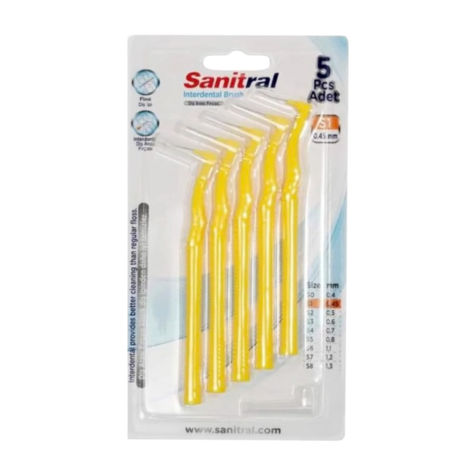 Sanitral Angle Interdental Brush Yellow 0.45mm — Pack of 5