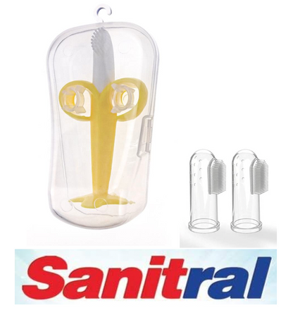 Sanitral Complete Baby’s First Toothbrush Kit- Baby Banana Teether+2 Pieces Silicone Finger Toothbrush, Silicone Toddler Training Finger Toothbrushes with Storage Case for Infants (0-24 Months)