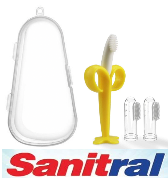 Sanitral Complete Baby’s First Toothbrush Kit- Baby Banana Teether+2 Pieces Silicone Finger Toothbrush, Silicone Toddler Training Finger Toothbrushes with Storage Case for Infants (0-24 Months)