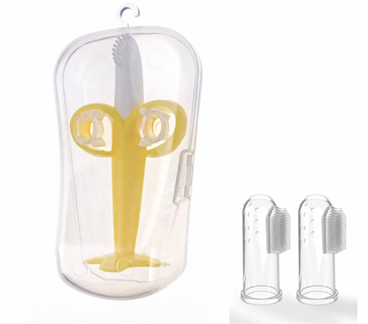 Sanitral Complete Baby’s First Toothbrush Kit- Baby Banana Teether+2 Pieces Silicone Finger Toothbrush, Silicone Toddler Training Finger Toothbrushes with Storage Case for Infants (0-24 Months)